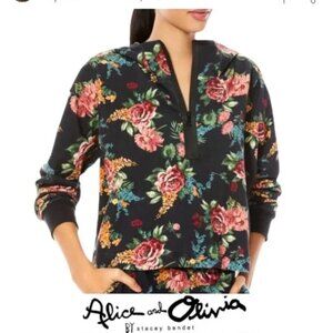 Alice + Olivia Quinlan Floral French Terry Crop Half Zip Hoodie, Size M